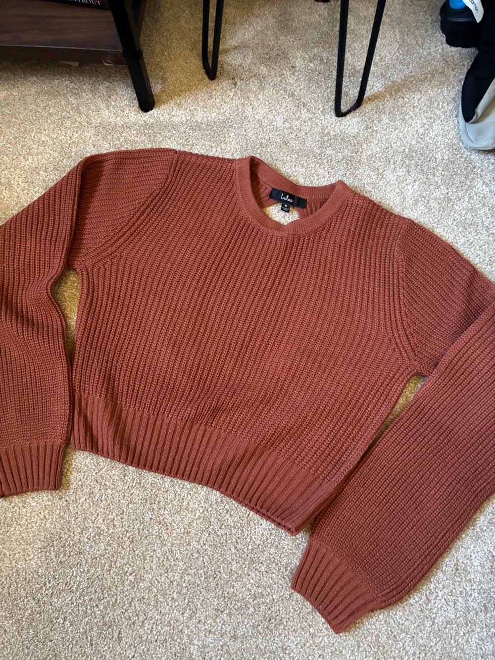 NWOT Lulus Cable-Knit Open Back Crewneck Sweater in Rust